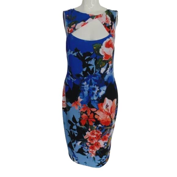 CACHE Dress, L, Blue, Red Floral, Twist neck, Sleeveless, Lined, Back Zip - Picture 10 of 12